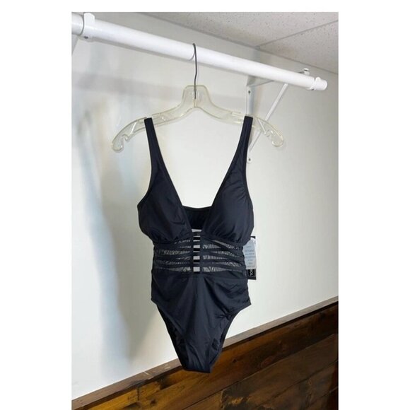Blanca Black Mesh Inset One Piece Swimsuit 10 Sexy V Neck Monokini Resort Wear - Picture 2 of 10